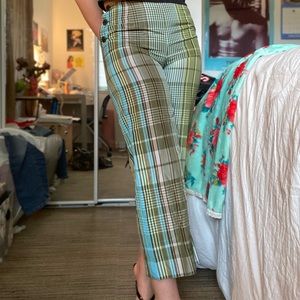 Plaid green/blue button-up pants, unbranded